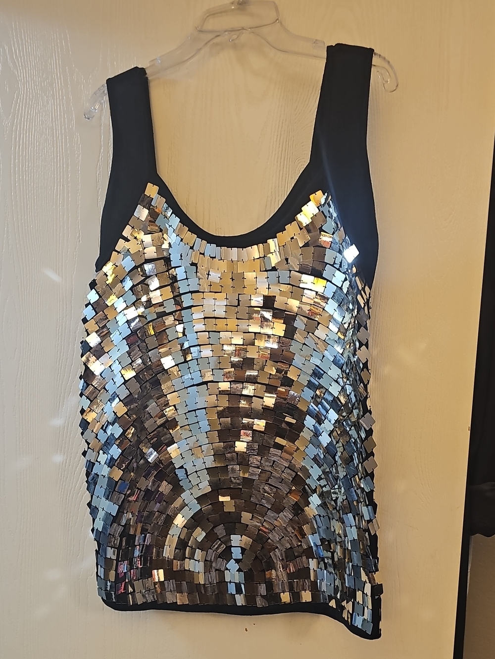 Sequin Embellished Black Tank Top - Silver Mirror Sequins